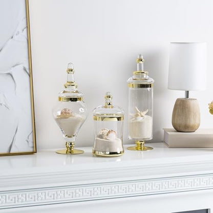 MyGift 3 Piece Set Antique Clear Glass Bathroom Apothecary Jars with Lid, Wedding Centerpiece, Kitchen Storage Jars with Metallic Brass-Tone Design - color: Gold
