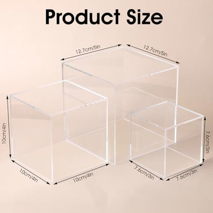 3 Pcs Acrylic Boxes for Display, 3" 4" 5" Small Square Clear Acrylic Cube with Hollow Bottoms, Nesting Riser Display Stand Shelf Food Risers for Buffet Table Dessert Collectibles Jewelry Figures Show