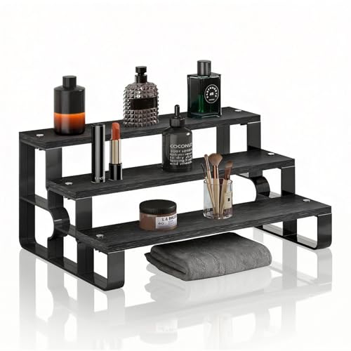 GRELY Waterproof Wooden Perfume Cologne Organizer for Men, 3 Tier 14 Inch Extra Wide Stand with ABS Frame, Anti-Slip for Dresser Bathroom(Black, 3 Tier 14.0") - size: 3 Tier 14.0"
