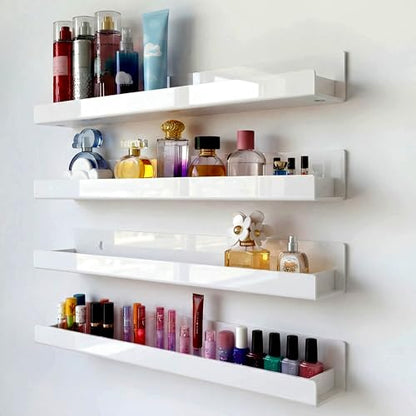 4 Pack 15 Inch Whtie Acrylic Shelves, Kids Floating Bookshelf for Kids Room, Modern Nail Polish Rack Sunglasses Essential Oil Picture Ledge Display Toy Storage Wall Shelf - color: 15in-whtie