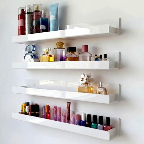 4 Pack 15 Inch Whtie Acrylic Shelves, Kids Floating Bookshelf for Kids Room, Modern Nail Polish Rack Sunglasses Essential Oil Picture Ledge Display Toy Storage Wall Shelf - color: 15in-whtie
