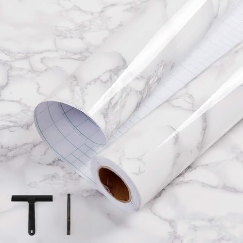 practicalWs White/Gray Marble Contact Paper 17.7 inch x 78.7 inch, Marble Peel and Stick Wallpaper with Tools, Self Adhesive Vinyl Film Contact Paper for Countertops - color: Gray/White-tool, size: 17.7" x 78.7"