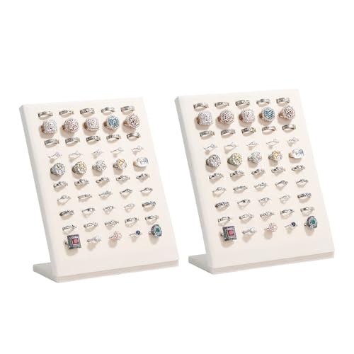 Ring Display Stand, Velvet Ring Holder, 50 Slots Rings Organizer Jewelry Display Tray, L-Shaped Jewelry Organizer Stand for Rings Earrings Selling (2, Beige) - color: Beige