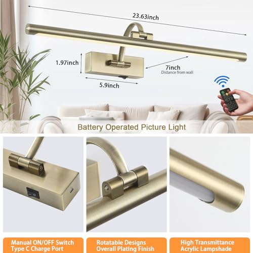 Tassuowell Antique Bronze Picture Light, 23.6 Inch Remote Control Painting Lights for Wall Cordless, 3CCT Dimmable Wall Lights for Pictures, Rechargeable Art Light for Pictures On Wall with Timer - color: Antique Bronze, size: 23.6inch