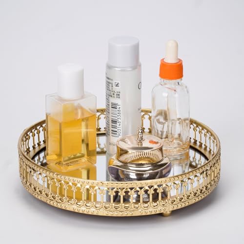 Ayswupt Gold Mirrored Vanity Tray for Bathroom Counter,Metal Decorative Jewelry Storage Tray Cosmetic Perfume Organizer for Dresser,Bedroom,Home Decor,Suit for Candle Holder,Coffee Table Centerpiece,S - size: 6.8"
