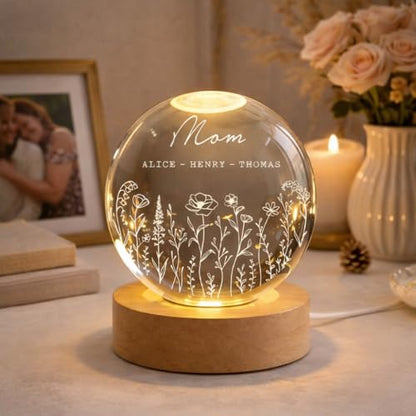Noni Personalized Grandma's Garden Crystal Ball LED Night Light, Custom Birth Month Flowers, Heartfelt Gift for Grandma, Mom, Mother's Day Style 01 - color: Style 01