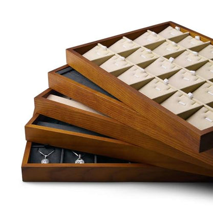 Oirlv 24 Grid Wood Jewelry Tray Microfiber Interior Jewelry Drawer Organizer Showcase Display Box Ring Earrings Holder - color: Creamy-white 24 grid tray