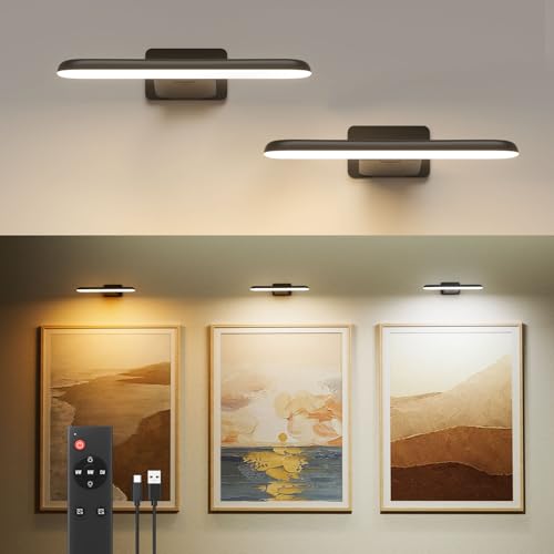 FULEN 2 Pack Picture Lights for Wall,Art Lights for Painting,Battery Operated Wall Sconce Rechargeable,LED Wall Light Cordless with Remote, Frame,Gallery,Dartboard Lights No-Drill,Black - color: Black, size: 2 PACK