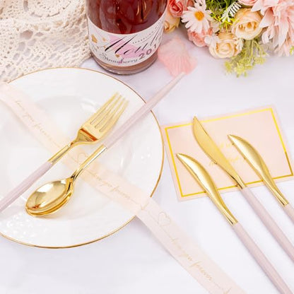 SUT 160Pcs Pink and Gold Plastic Silverware, Heavy Duty Plastic Silverware, Valentines Plastic Utensils, 80 Plastic Forks, 40 Knives, 40 Spoons, Disposable Cutlery for Parties, Valentines(Pink Gold) - style: Pink Gold