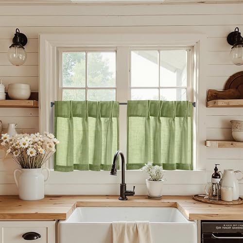 jinchan Linen Pinch Pleated Kitchen Curtains 24 Inch 2 Panels, Natural Linen Tier Curtains Back Tab Farmhouse Cafe, Light Filtering Small Window Drapes for Bathroom Laundry Room Sage Green - color: Pinch Pleated Green, size: 26"W x 24"L (Pack of 2)