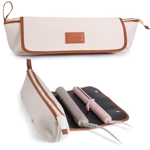 Heat Resistant Hair Tools Travel Bag | 17-Inch Extra Long Storage Case for Curling Irons, Flat Irons, and Styler Brushes | Padded Protective Organizer for Travel & Home - color: Ivory/Brown