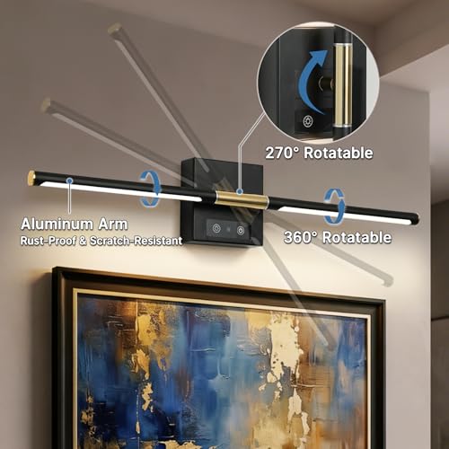 Picture Lights Rechargeable for Wall: Battery Operated Wall Sconces Wireless Art Lighting for Painting Canvas Gallery 360° Rotatable Detachable Battery Aluminum 48H (1, Black +Gold) - color: Black +Gold