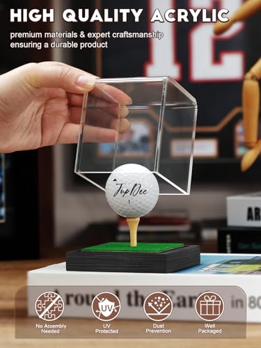 JupDec Golf Ball Display Case Clear Acrylic Memorabilia Stand Cube Holder with Wood Base & Tee, Dust Protection Transparent Storage Box for Single Ball Souvenir Golfball Collections, Black, 1 Pack