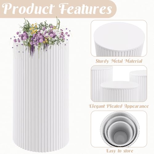 Metal Pleated Cylinder Pedestal Stands for Party, 3 Pieces Heavy Duty Round Cake Pedestal Stand Display Plinth Pillars Art Decor for Wedding Ceremony Birthday Party（Small, White） - size: L:23.82"x12.6", M:21.85"x11.02", S:19.88"x9.45"