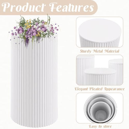 Metal Pleated Cylinder Pedestal Stands for Party, 3 Pieces Heavy Duty Round Cake Pedestal Stand Display Plinth Pillars Art Decor for Wedding Ceremony Birthday Party（Small, White） - size: L:23.82"x12.6", M:21.85"x11.02", S:19.88"x9.45"