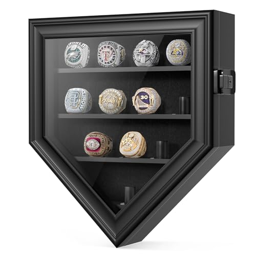 Championship Ring Display Case, 12 Posts Baseball Ring Holder, Lockable Wall Mount Wooden Shadow Box for Multiple Championship Rings - size: 12 Posts-Pentagon