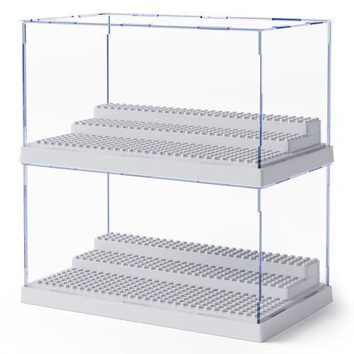 Mlikero 2 Pack Display Case for Minifigures Action Figures Blocks, Clear Dustproof Acrylic Display Box Storage with 3 Movable Steps Gifts for Children,Gray… - color: Grey, size: 2 Pack