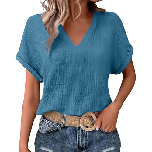 Womens Shirts Cotton Linen v Neck Short Sleeve Blouses Casual Loose Fit Textured Summer Pullovers Daily Wear - color: A04-navy, size: Small