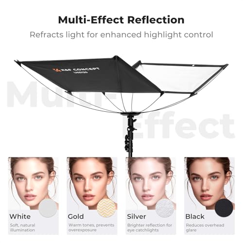 K&F CONCEPT Curved Reflector, Quick-Open Clamshell Light Reflector with Stand & Carrying Bag – 48"x26" U-Shape Photography Diffuser for Studio Portrait & Video Shooting, 4-in-1 Black/White/Silver/Gold