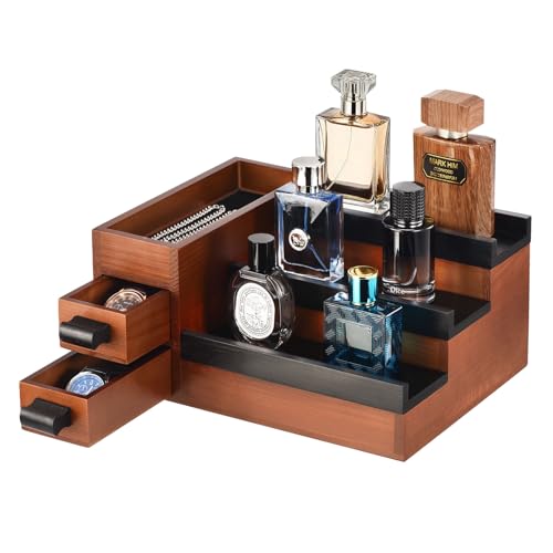 Perfume Stand Organizer for Men, 3 Tier Perfume Display Shelf with Velvet Lining Drawer and Hidden Compartment (Walnut Black - 2 Drawer) - style: 2 drawer - BlackWalnut