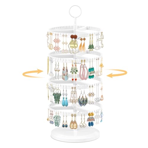 EsLuker.ly Earring Holder Organizer Rotating Stud Display Tree Rack with 228 U-Slots for Women Girls, Large Adjustable 4 Tier Plastic Storage Stand with Metal Tray for Pierced Hoop Post Earring, White - color: Bright White