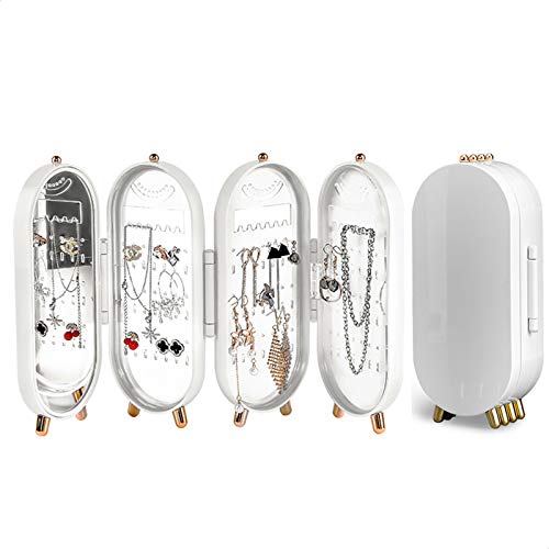 Foldable Earring Holder Jewelry Organizer Box with Mirror, 4-Layer Dustproof Earring Necklace Display Stand Jewelry Box with 153 Holes for Women and Girls, Gifts for Girl (White) - color: White
