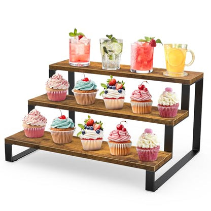 ELITEROO Wooden Display Riser Stand, 3 Tier Display Risers, Tiered Cabinet Organizer, Widened Display Rack Shelf Kitchen Counter Shelf for Makeup Perfume Figure Dolls Collection Condiment Candles