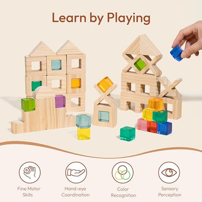 Woodtoe Wooden Rainbow Building Blocks Set for Toddlers, 22 PCS Wooden Blocks & 25 PCS Gem Cubes Stacking Blocks, Montessori Stacking Toys, Educational STEM Birthday Toys Gifts for Kid Boy Girl 3-6 - style: Rainbow Building Blocks Set