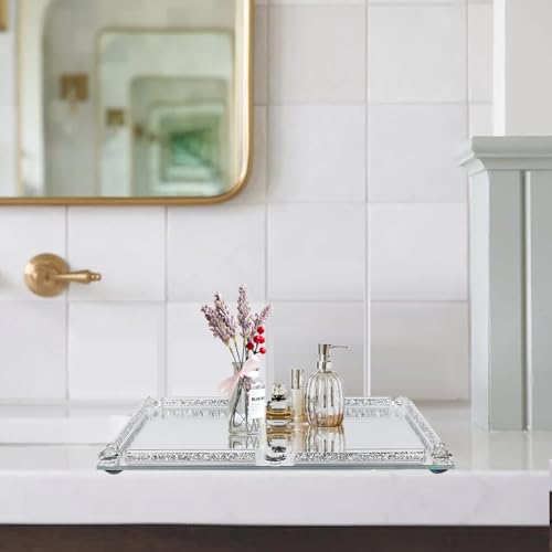 Large Crystal Perfume Tray, 15.7" x 11.8" Silver Glass Mirror Vanity Tray Noble Jewelry Trinket Display Tray for Desser Crushed Diamond Home Decor Cosmetics Makeup Organizer Serving Trays for Party - color: Big Silver
