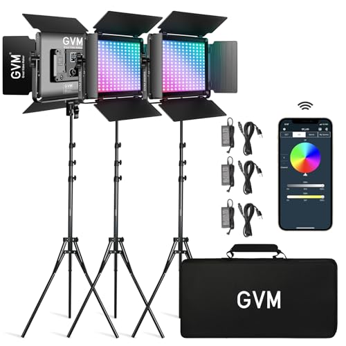 GVM RGB LED Video Light with Bluetooth Control, 880RS 60W Photography Lighting kit Dimmable LED Panel with LCD Screen, 3 Packs Studio Light for YouTube, Streaming, Gaming, 8 Applicable Scenes, CRI97 - size: 3 Packs Without Softbox