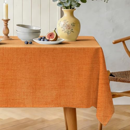 Natural Linen Rectangle Tablecloth, Slubby Textured Fall Lightweight Table Cloth 60 x 102 Inch, Water Resistant Stain Resistant Farmhouse Burlap Table Cover for Kitchen Dining Room, Orange - color: Orange, size: 102" x 60" (Rectangular) (1 Pack)
