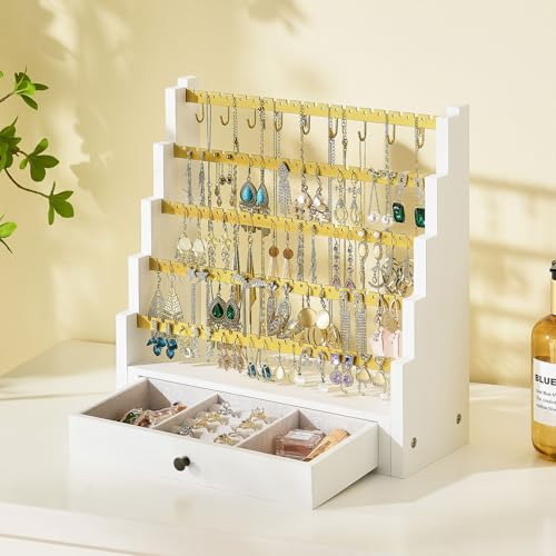 Pinzoveco Earring Organizer, 5 Layer Earring Holder Organizer with Metal Necklace Holder Pole, Rustic Wood Jewelry Organizer Stand Display for Stud Earring Bracelet Necklace Ring, 175 Earring Holes - color: White Gold