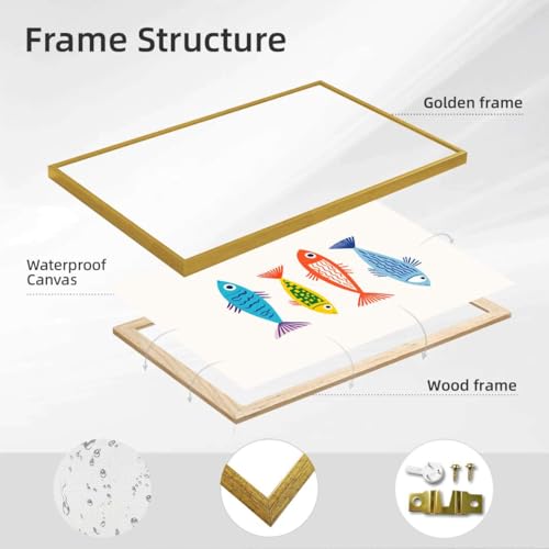 Framed Colorful Fish Illustration Canvas Print Modern Minimalist Poster Wall Art Funny Art Print for Living Room Home Decor Pictures Wall Decor (24L x36W,Gold Framed) - size: 24L"x36W"