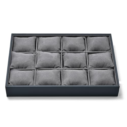 Grey Microfiber Watch Jewelry Storage Tray for Drawer Watch Pillow Organizer Display Tray - size: 12 Grid with Pillow