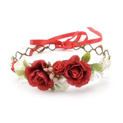 Flower Girl Flower Crown Pink Baby Girls Floral Headpieces Kids Headband Children Hair Wreath Photo Prop (Dark Red-Child Size) - color: Dark Red