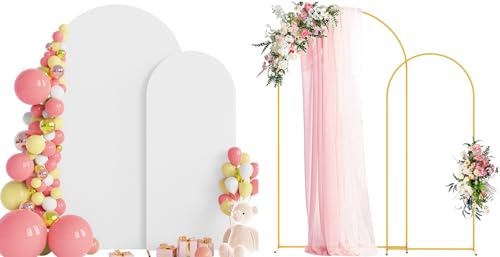 Wokceer Wedding Arch Backdrop Stand and Cover Set of 2 Metal Arch Stand with Arch Cover White 7.2FT, 6FT for Birthday Party Wedding Ceremony Bridal Baby Shower Event Decor - color: White