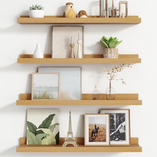 FLYJOE Floating Picture Ledge Shelves for Wall Set of 4, 24 Inch Wall Shelves with Lip Long Large Nursery Book Shelf for Toys Storage Kids Bookshelf Wall Mounted Living Room Bedroom Decor Frames - color: Oak, size: 24'', Set of 4