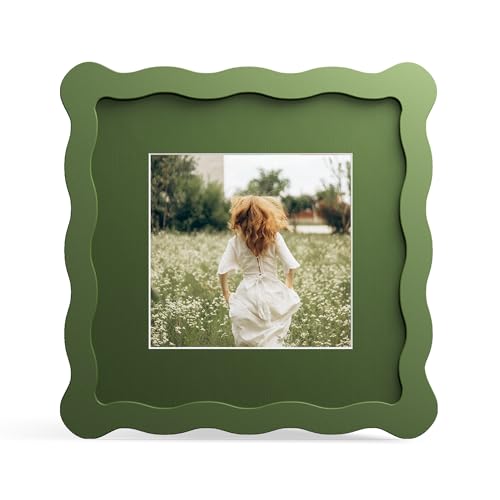 6x6 Picture Frame with Mat for 4x4, Wavy Edge Wooden Real Glass Photo Frame for Tabletop and Wall Hanging, Green, 1 Pack - color: Green, size: 6x6 in