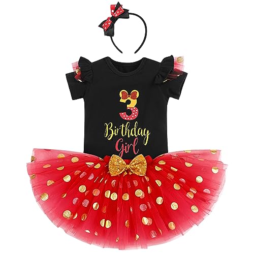 IBTOM CASTLE Cake Smash Half 1st 2nd 3rd Birthday Girl Princess Polka Dots Ruffle Skirt Set ONE Party Costume Headband - color: Red+black-3rd, size: 3T