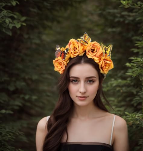 Elegant Butterfly Flower Headband for Women Boho Handmade Rose Floral Crown Wedding Bridal Festivals Cosplay Prom Photo Props Headpiece (A3 yellow, Adjustable) - color: A3 yellow