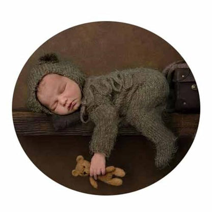2Pcs Newborn Photography Props Boy Photo Posing Outfits Baby Photoshoots Girl Crochet Bear Hat Romper - color: Brown