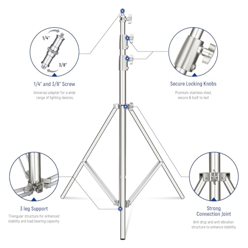 NEEWER 2Pcs 9.2ft Stainless Steel Light Stands, Spring Cushioned Heavy Duty Photography Tripod Stand with 1/4"-3/8" Adapter for Strobe Video Ring Light Monolight Softbox, 22lb Max Load, ST-280SS - style: 280cm/2-Pack