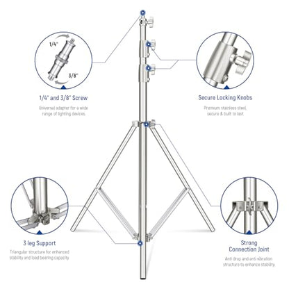 NEEWER 2Pcs 9.2ft Stainless Steel Light Stands, Spring Cushioned Heavy Duty Photography Tripod Stand with 1/4"-3/8" Adapter for Strobe Video Ring Light Monolight Softbox, 22lb Max Load, ST-280SS - style: 280cm/2-Pack