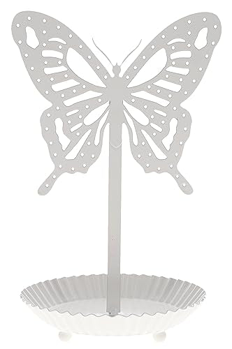 Top Brass Butterfly Earring Holder Organizer Metal Standing Jewelry Tree Display with Ring Tray (White) - color: White