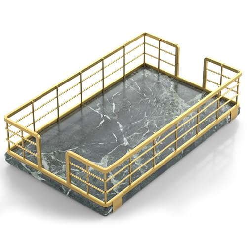 Wican Marble Guest Towel Holder Tray for Bathroom, Napkins Holder for Powder Room Dinning Table Wooden Basket for Disposable Paper Hand Towels Gold & Green Marble - color: Gold & Green Marble, size: 9.06 x 5.51 x 2.56 inchs