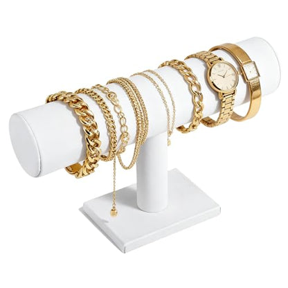 TENINYU Hovering T-Bar Bracelet Necklace Earring Bangle Pendants Anklet Tower Watch Key Jewelry Display Stand for Home Organization (White Leatherette) - color: White Leatherette
