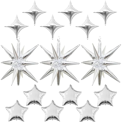 Silver Star Balloons, 22in Large Star Balloons Foil 10in 4-Pointed & Silver Pentagram Balloon for Graduation New Year Wedding Baby Shower Birthday Party Decorations - color: Silver