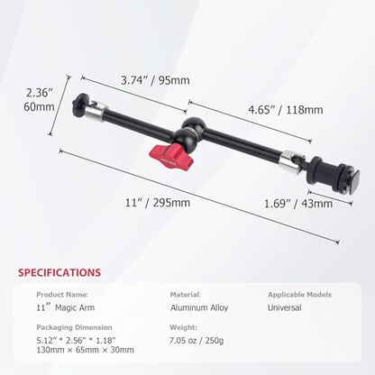 11" Pro Cold Shoe Magic Arm, Extra-Long Adjustable Friction Arm with 1/4" Screw for Teleprompter, Ring Light, Camera Rig – Live Stream Filmaking-87003 - size: 11" Magic Arm