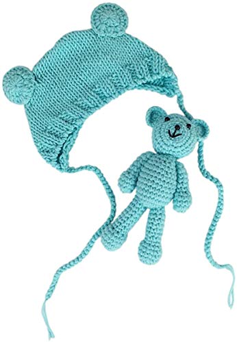 Newborn Baby Photo Shoot Props Boys Girls Crochet Knitted Hat Bear Hat Beanie with Bear Dolls Photography Props - color: Blue