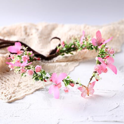 MOSTORY Handmade Fairy Butterfly Crown - Elf Flower Hadpiece Elven Headband for Women s Spring Wedding Maternity Shoot - color: Pink-green